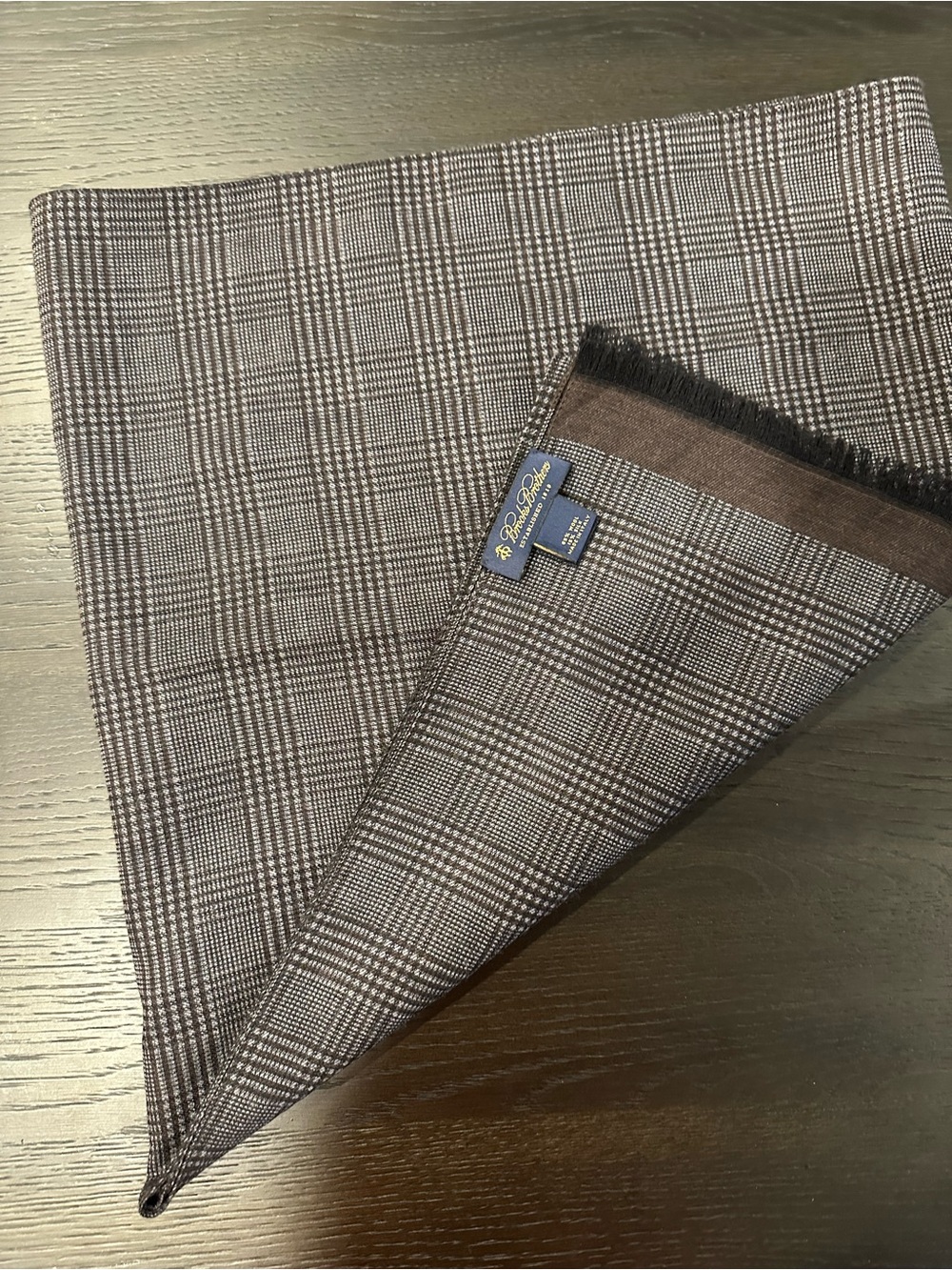 Brooks Brothers Wool–Silk Scarf — Made in Italy — Glen Plaid — Grey/Black/Brown